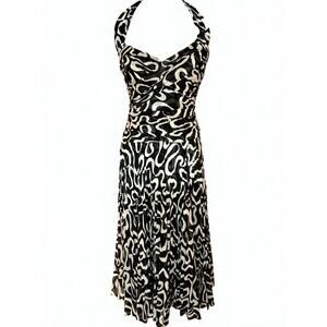 Vintage Escada Silk Halter Midi Dress Size 36 Us 6 Drop Waist Black White Gown